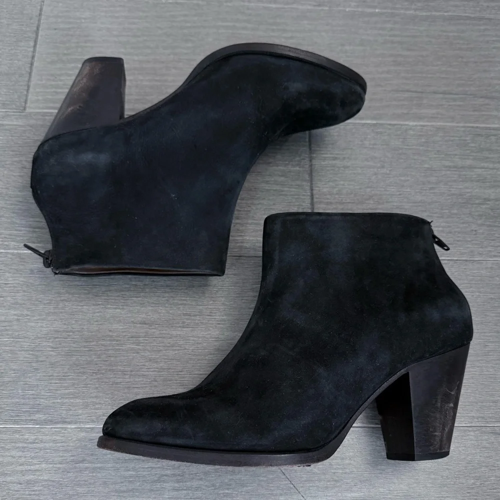 Rachel Comey Prose Black Suede Ankle Booties Stacked Heel 8 Minimalist Western